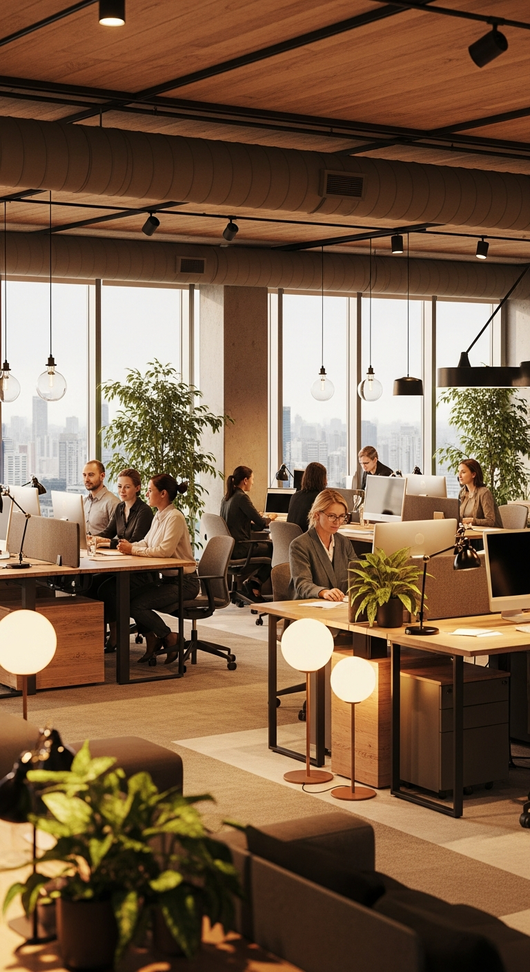AI_IMAGE: A warm, modern open-plan insurance office with diverse professionals collaborating at standing desks, natural wood accents, large windows with city views, plants and warm lighting creating an inviting workspace atmosphere | photorealistic | portrait